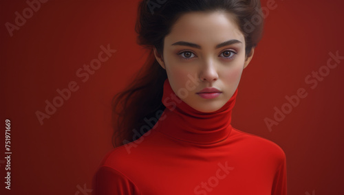 Studio portrait of a model wearing a red turtleneck shirt and standing in front of a red backdrop. Flawless skin. Skin care and cosmetics.