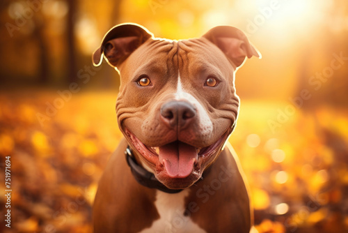 Portrait of a Pitbull on a yellow background