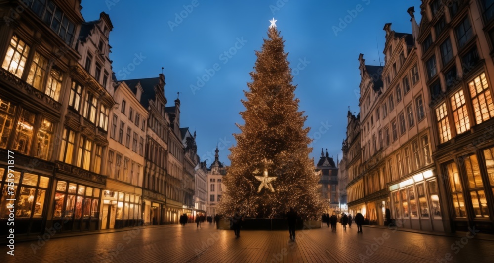 Fototapeta premium Merry Christmas! A festive city square illuminated by a grand Christmas tree