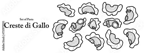 Pasta series in cute hand drawn style. Set of Creste di Gallo in black outline on transparent background in various styles. Food and ingredient elements for coloring book design.