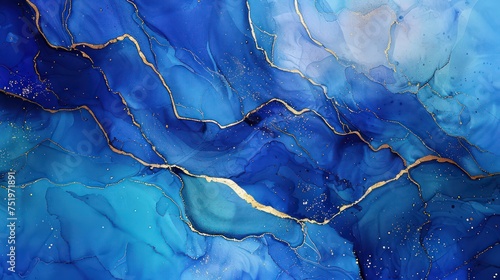 Abstract blue alcohol ink with golden cracks.