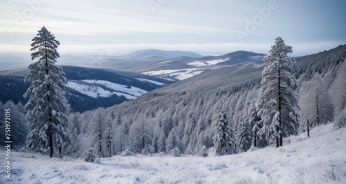  Snowy mountain vista with majestic evergreens © vivekFx