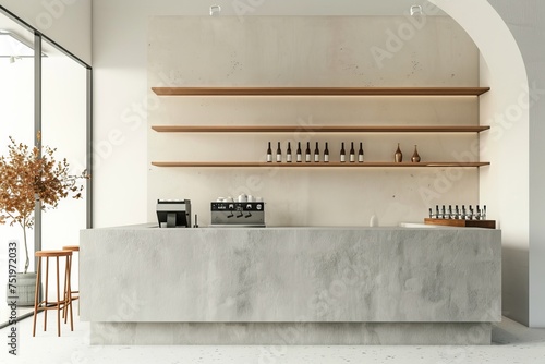 Sleek Minimalist Cafe with Concrete Counter, on isolated white background, Generative AI © Box Milk