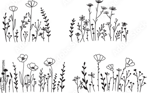 Flower wild flower floral botany leaf big set, doodle hand drawn outline style, for wedding love nature printing,card, wedding,love, t shirt,banner,product.vector illustration © artdee2554