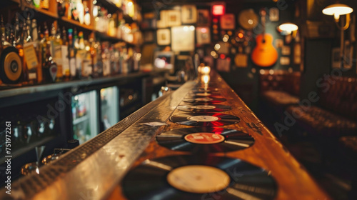 A moody and eclectic atmosphere with a bar lined with discarded vinyl records serving up custom cocktails named after underground bands and musicians.