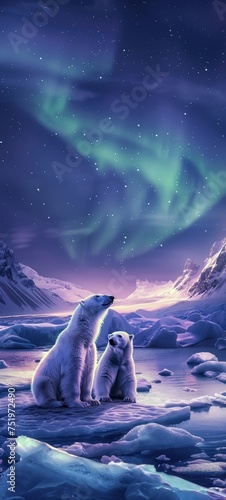Arctic wilderness at twilight polar bears on ice floes northern lights illuminating the snowy landscape
