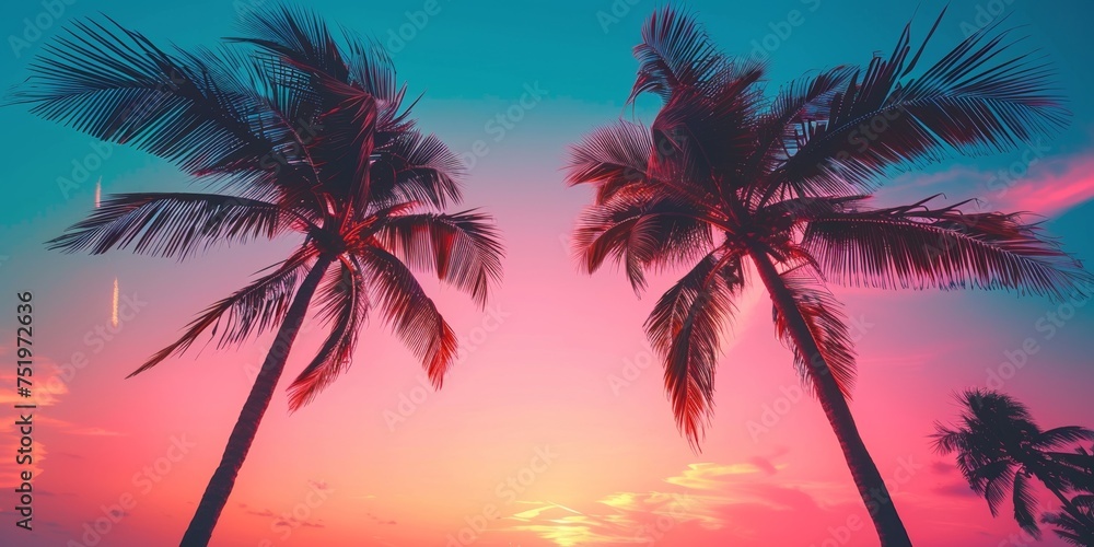 Palm trees and 80s retro neon lights tropical sunset with a vintage Miami feel