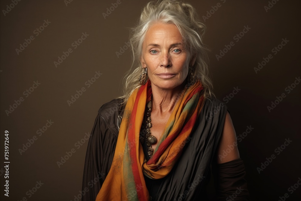 Portrait of a beautiful senior woman with scarf. Studio shot. Portrait of a beautiful senior woman with scarf. Studio shot.