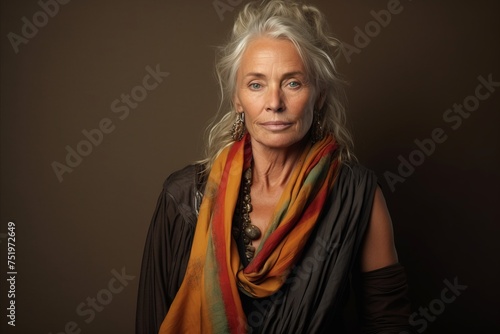 Portrait of a beautiful senior woman with scarf. Studio shot.