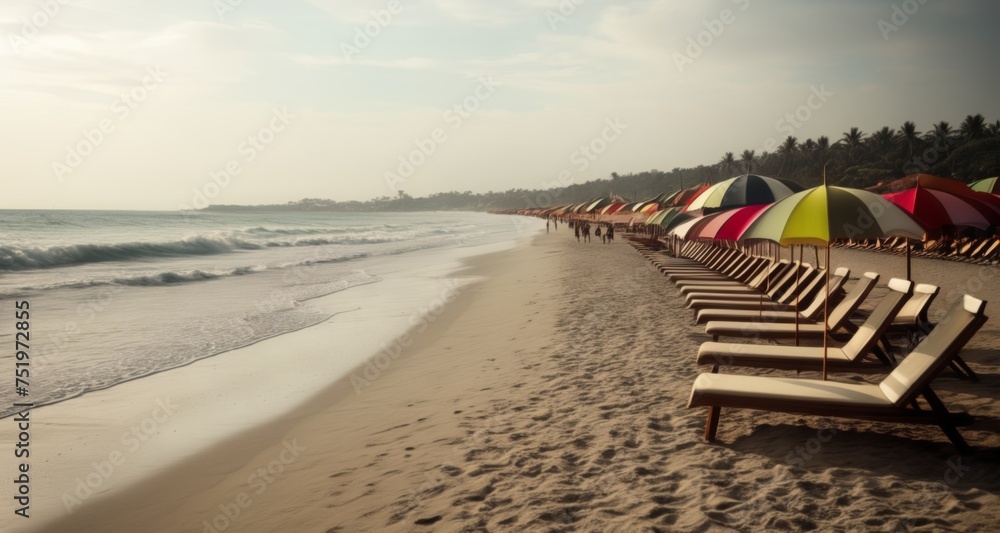  Vacation Vibes - A serene beach scene with colorful umbrellas and lounge chairs