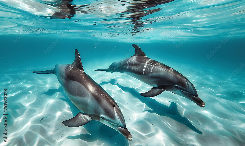 Fototapeta premium Dolphins Swimming in Clear Water,Generative AI 