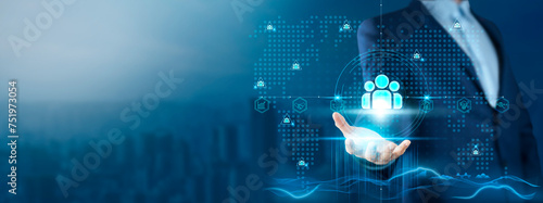 Fotografie HR: Businessman Holding Human Resources Management Solutions on Global Technology Network, Talent Acquisition and Development, Employee Engagement, Organizational Growth