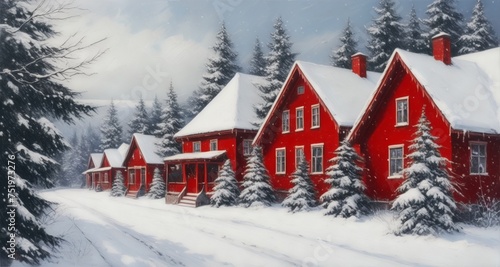  Cozy winter scene with snow-covered red houses and pine trees
