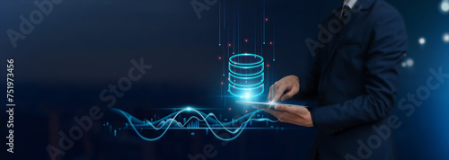 Database Management Concept: Businessman Uses Tablet on Global Networking, Data Analysis, Storage, Security, and Integration to Develop Smart Solutions from Digital Technology.
