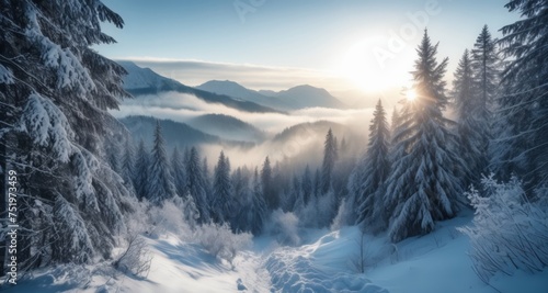  Snowy mountain sunrise, serene winter landscape © vivekFx