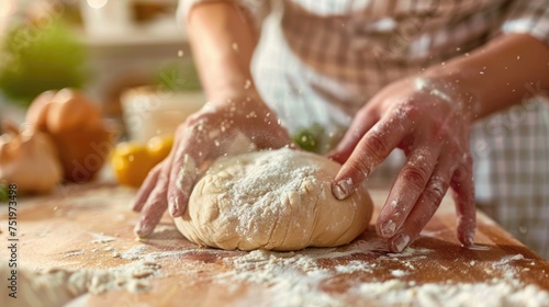 close up hands knead dough on a wooden table in a white sunny house modern morning kitchen with copy space.