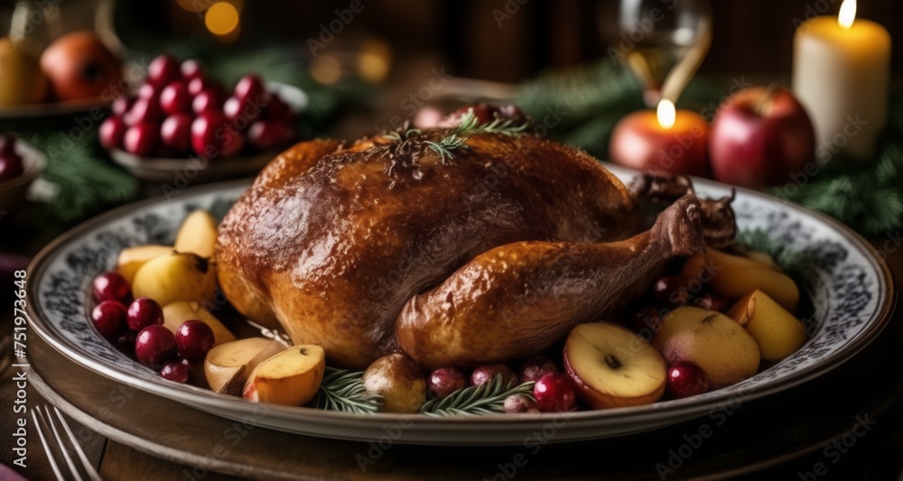 Deliciously roasted turkey with a side of festive fruits Deliciously roasted turkey with a side of festive fruits