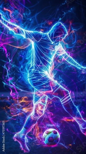 A neon soccer player frozen in mid action radiating energy
