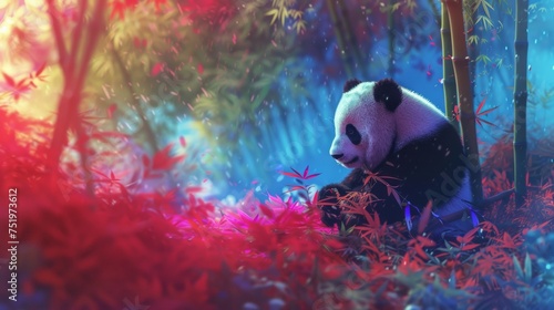 A panda munching on rainbow colored bamboo in a vibrant multicolored forest clearing