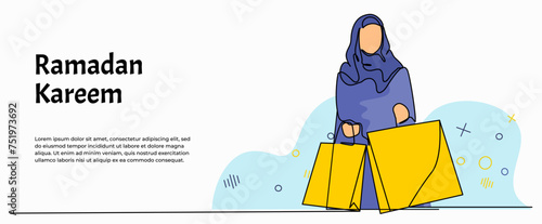 Vector illustration of  Muslim women shopping at an  shop. Modern flat in continuous line style.