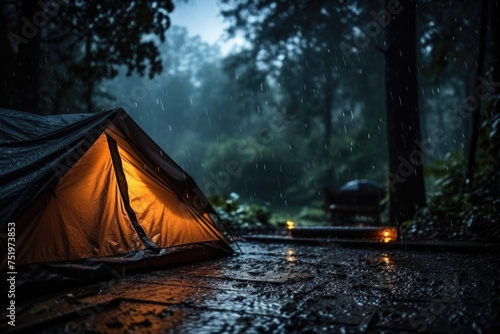 Rain on a tent in the forest