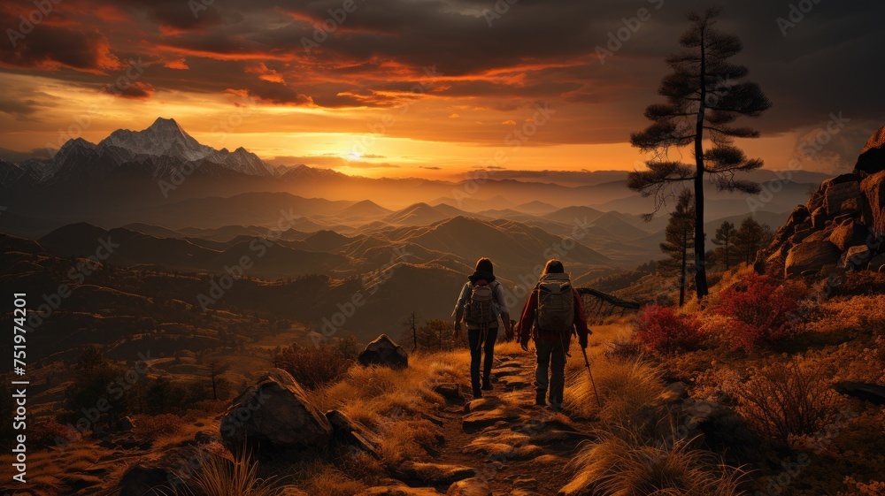 hiking in a breathtaking landscape with golden hour lighting hiking in a breathtaking landscape with golden hour lighting