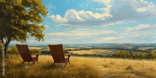 Oil painting of a cloudy landscape with rural hilly fields and two chairs for relaxation