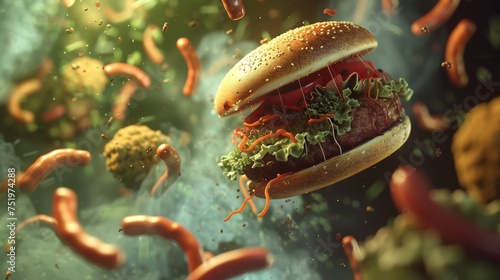 A microscopic view of a hamburger incorporating elements of bacteria, created in a 3D, unique illustrative style photo