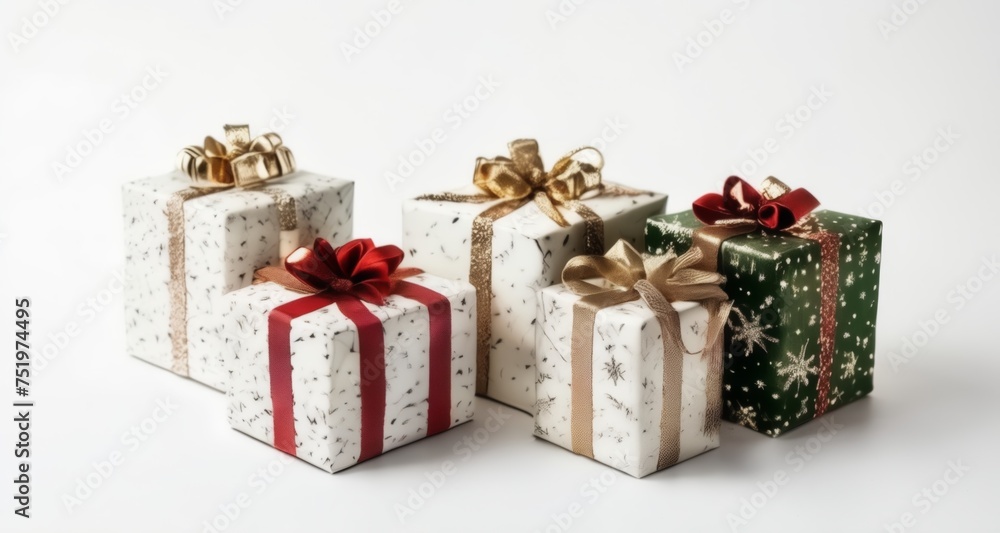 Fototapeta premium Five beautifully wrapped gifts, ready for a festive surprise!