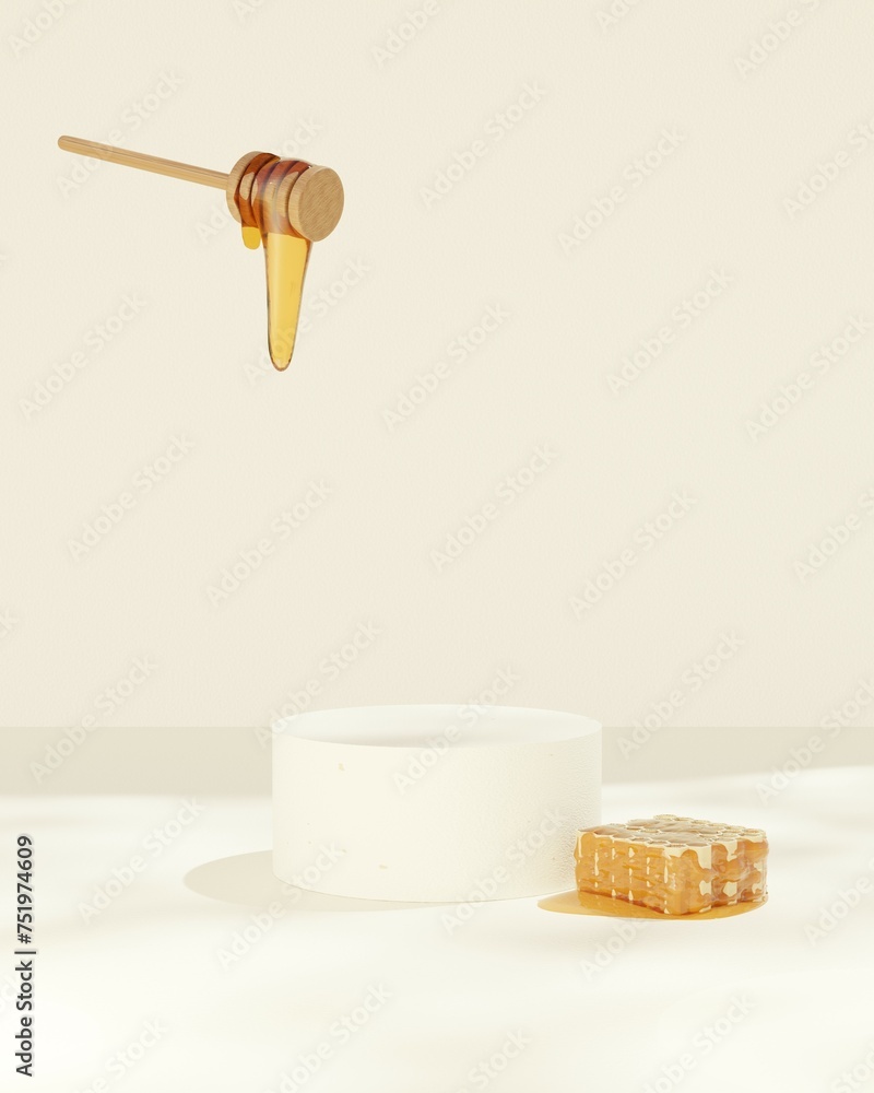 3D render of a display podium showcasing premium honey products 3D render of a display podium showcasing premium honey products