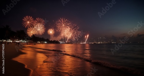  Spectacular fireworks illuminate the night sky over a tranquil beach