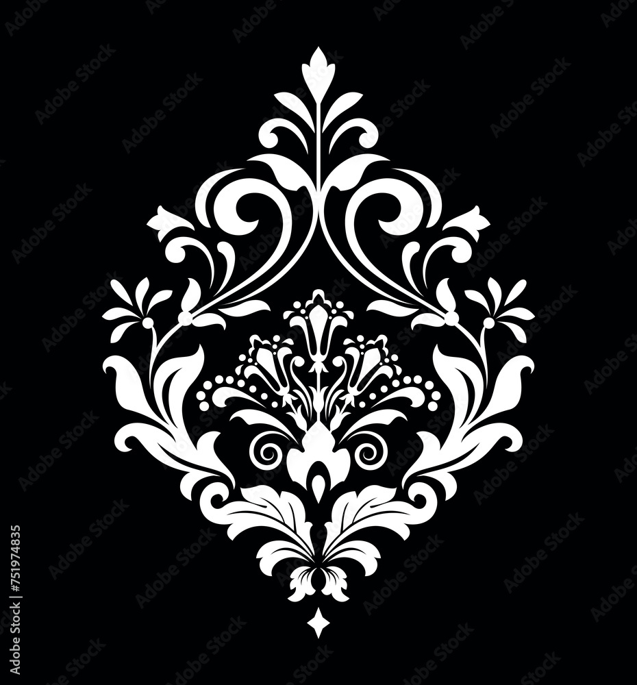 Damask graphic ornament. Floral design element. Black and white vector pattern.