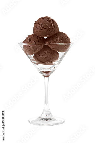 ice cream scoops in cocktail glass on white background