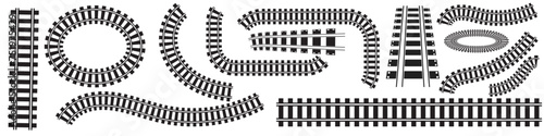Vector illustration of curved railroad isolated on white background. Straight and curved railway train track icon set. Perspective view railroad train pathes. 