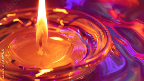 The smooth and shiny surface of a wax melter reflecting the flickering flame of a candle. photo