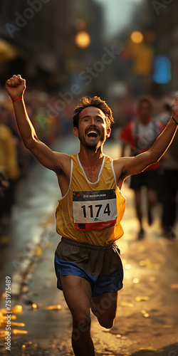 A scene where an American crosses the finish line in the Boston Marathon, raising his hands in joy. Generative AI