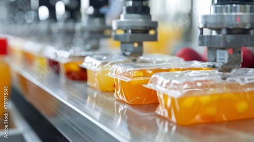 A heatsealing machine sealing plastic pouches of fruit juices with the temperature and pressure perfectly calibrated for a secure and leakproof seal. © Justlight