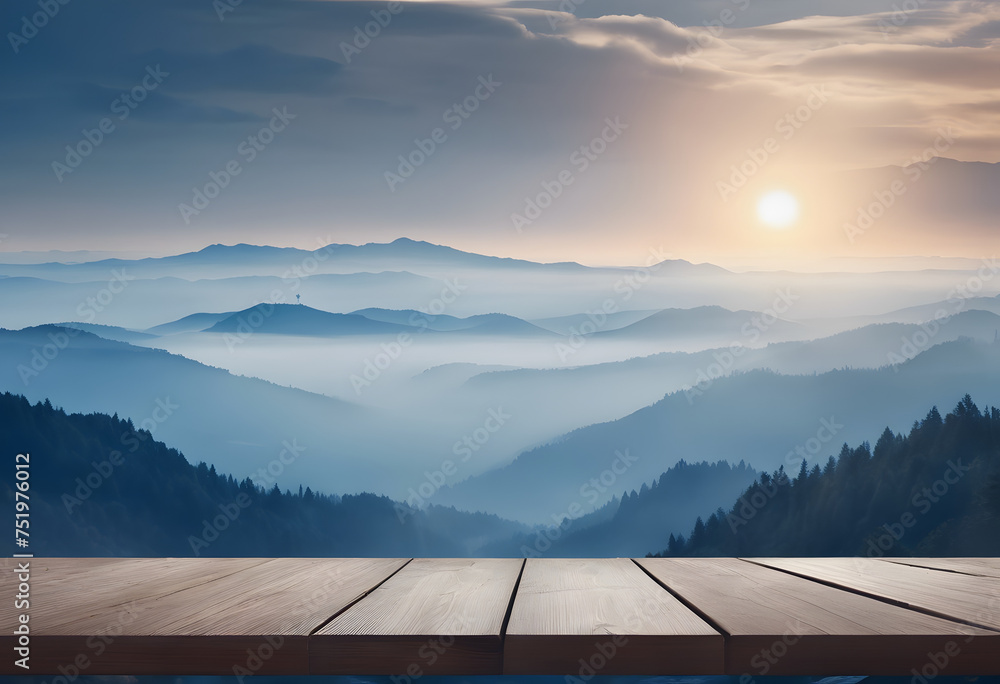Misty mountain sunrise with wooden platform foreground. Misty mountain sunrise with wooden platform foreground.