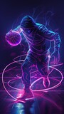Create a surreal artwork blending the essence of basketball and neon textures