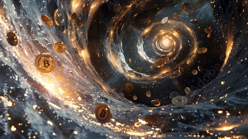 An expanse of cosmos unraveled from an open vault revealing galaxies made of swirling bitcoins