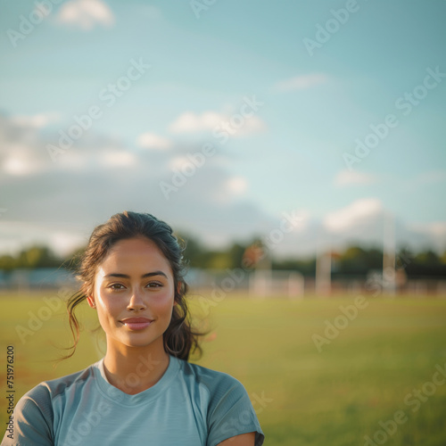 Portrait of a Young Latina Woman Smiling Gently on a Sunny Sports Field 
