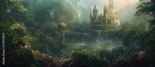 Fantastical Portrayal of Enchanted Palace Nestled in Sprawling Forest, Towering Spires and Grand Courtyards Amidst Lush Greenery and Vibrant Blooms, Ethereal Mist Swirling Around Turrets and Bridges, photo
