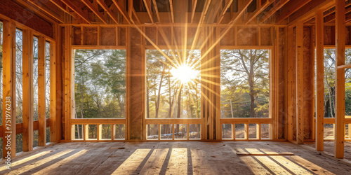 Construction of a house, wooden framework indoors