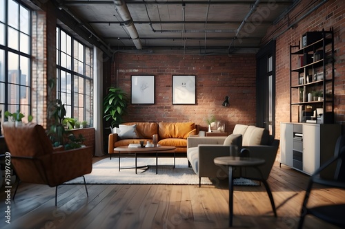 Blurred Industrial Apartment Interior Design Idea. Brick wall New-York style living room. Blurry Home office illustration. Blur effect for background wallpaper or website page. Generative AI. 