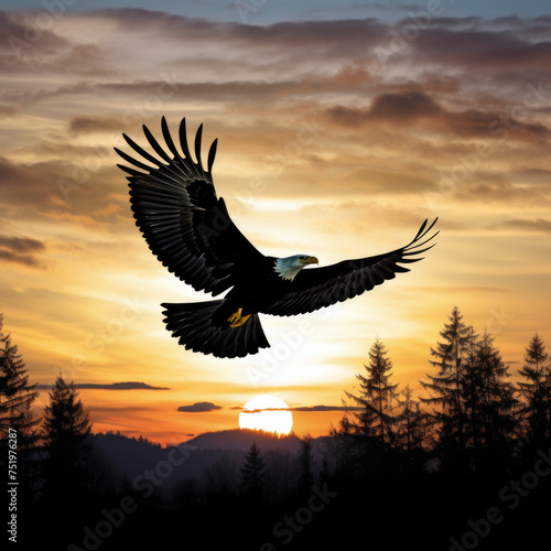 Silhouette of a Bald Eagle flying in the sky