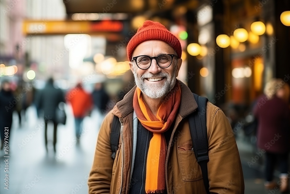 Portrait of a senior man with hat and scarf in the city Portrait of a senior man with hat and scarf in the city