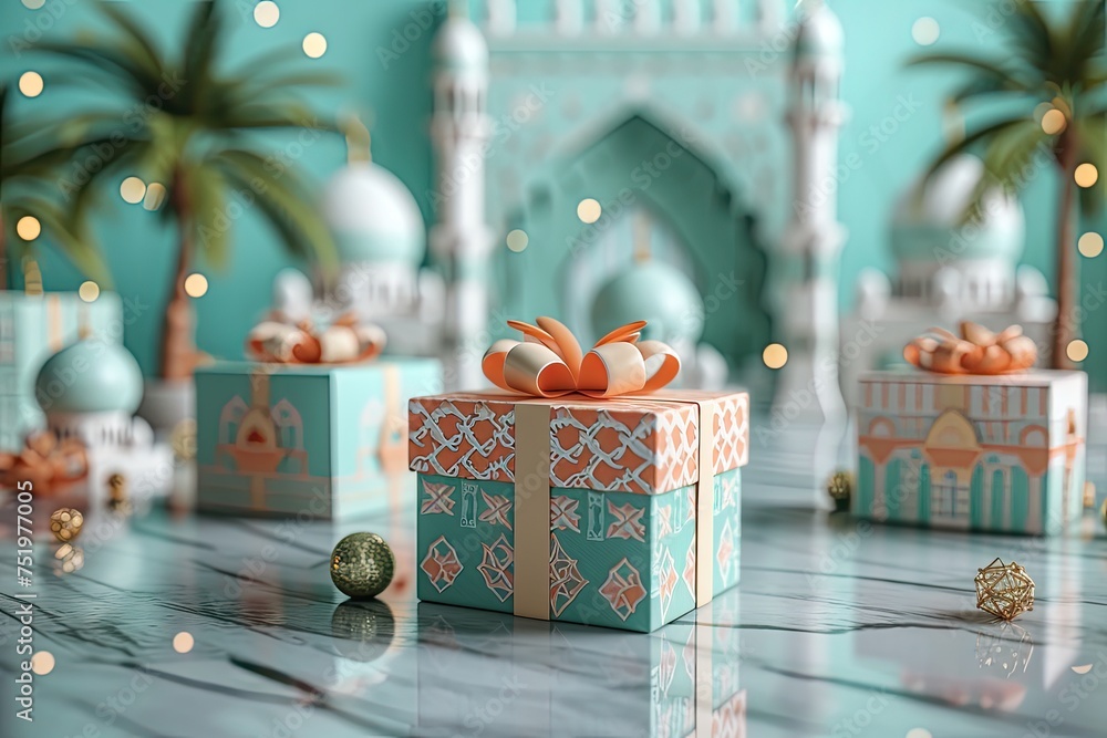 gift boxes for Ramadan in various shapes, boxes wrapped in paper, inside painted mosques, Mecca, date palm trees