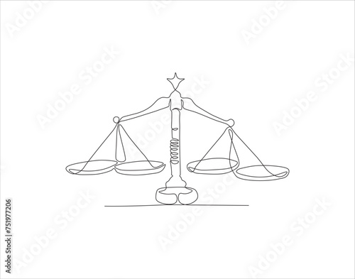 Continuous Line Drawing Of Law Balance And Scale Of Justice. One Line Of Symbol Of Equality. Balance Scales Continuous Line Art. Editable Outline.