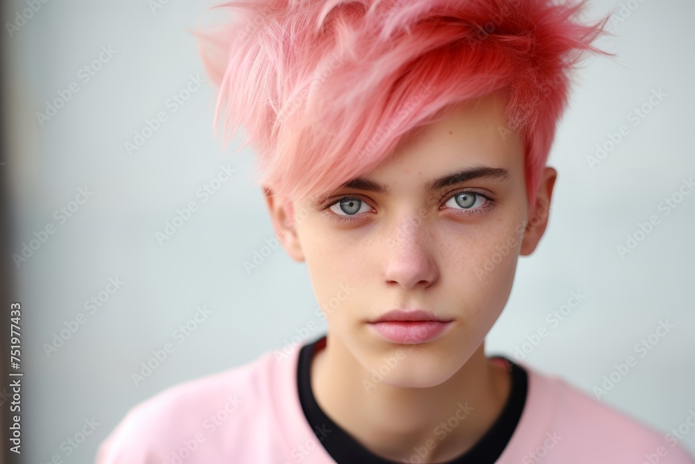 Close-up shot of a trendy teenage boy, around 17 years old, of Caucasian ethnicity, with a bold pink hairstyle that reflects his individuality and fashion-forward attitude
Close-up shot of a trendy teenage boy, around 17 years old, of Caucasian ethnicity, with a bold pink hairstyle that reflects his individuality and fashion-forward attitude