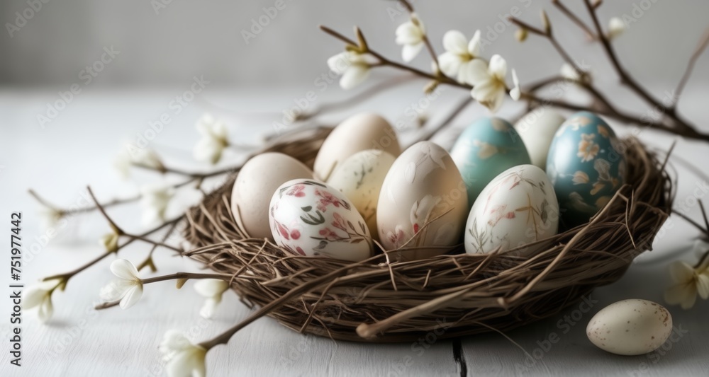 Eggs of Spring, nestled in a woven basket, surrounded by blossoms